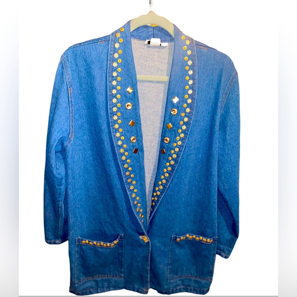 Women’s 1980s Denim Blazer w Gold Studs Sz. S/M
